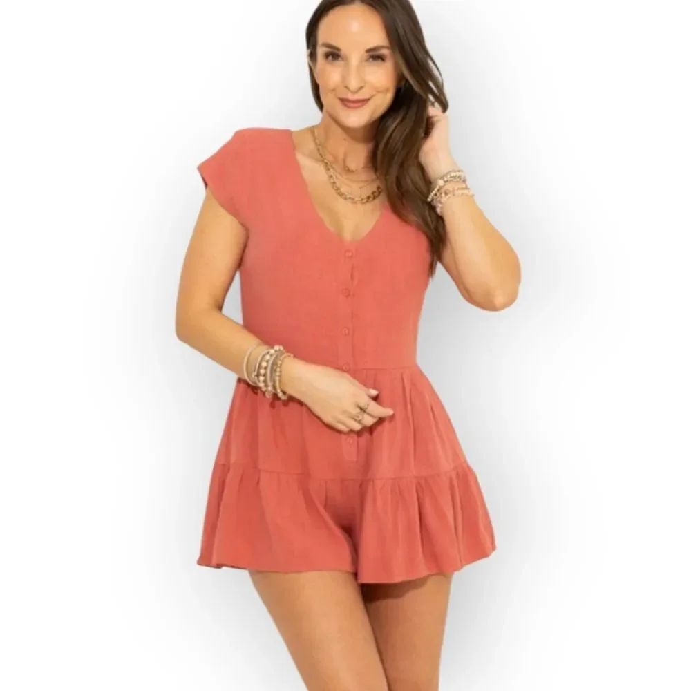 Dee Elly Women's Pink Button Down Ruffled Teired Shorts Romper Linen Blend